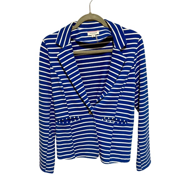ANDREE BY UNIT Jackets & Blazers - Andree By Unit Blazer Striped Knit Nautical Blue White Womens Medium